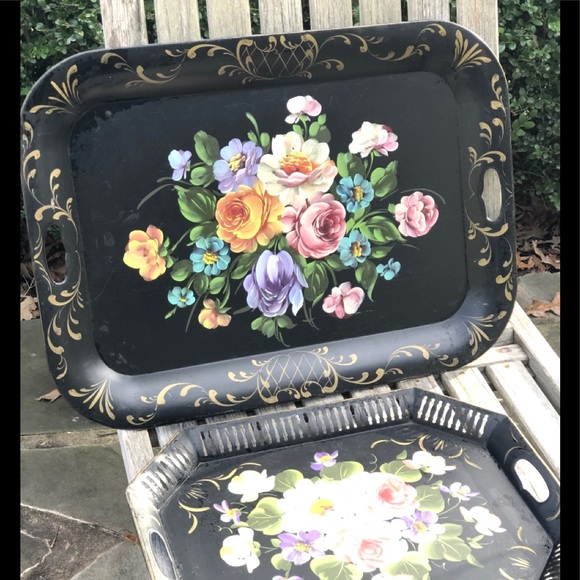 Vintage large painted tole metal tray - Picture 2 of 13